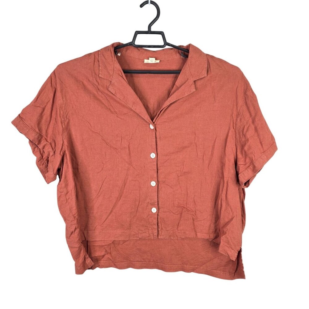 Womens Ana Rust Linen Blend Collared Hi Lo Shirt Short Sleeve Button Up Size XXL